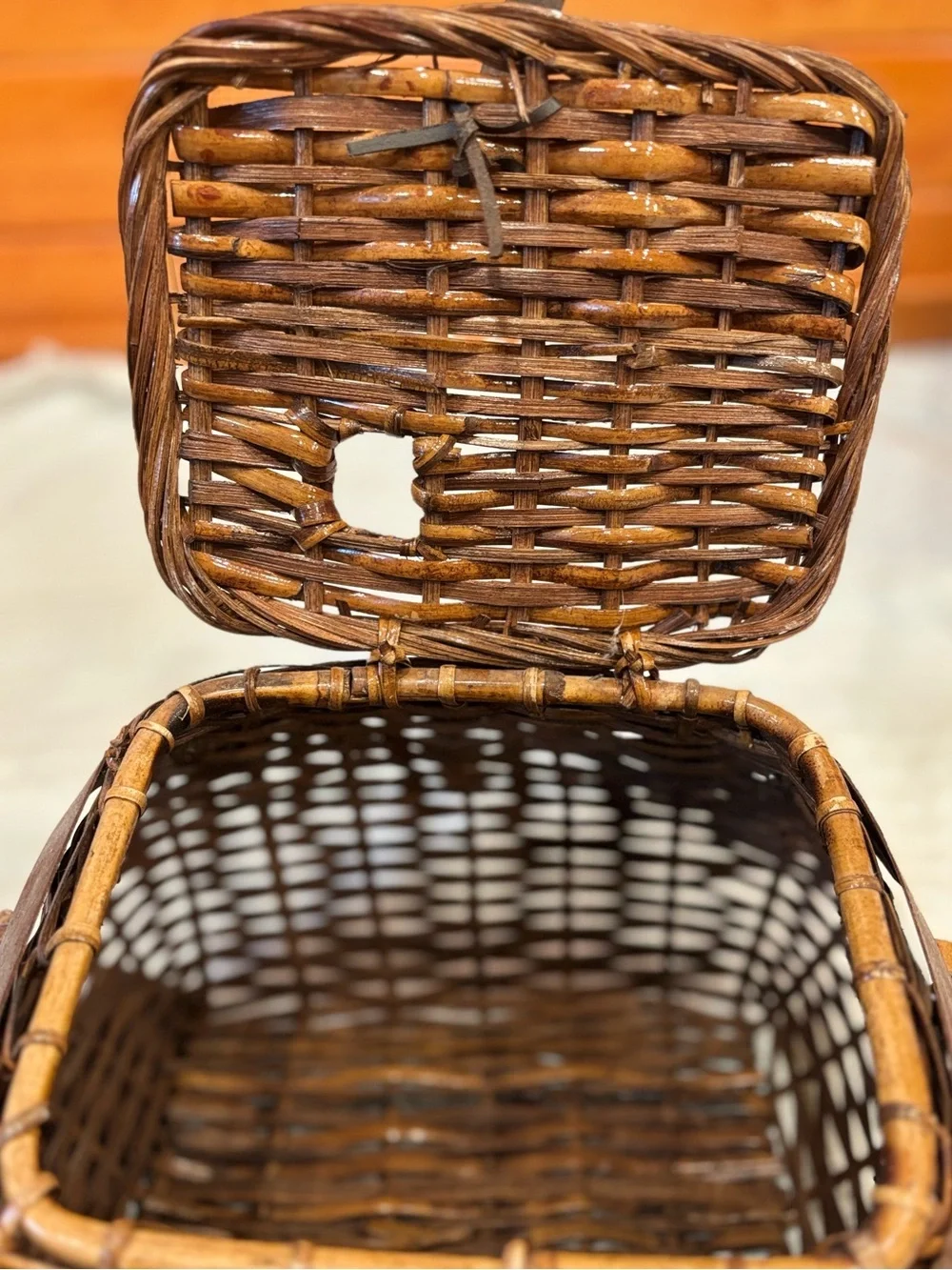 Vintage Wicker Fishing Creel Basket Leather Trim Shoulder Strap Cottagecore